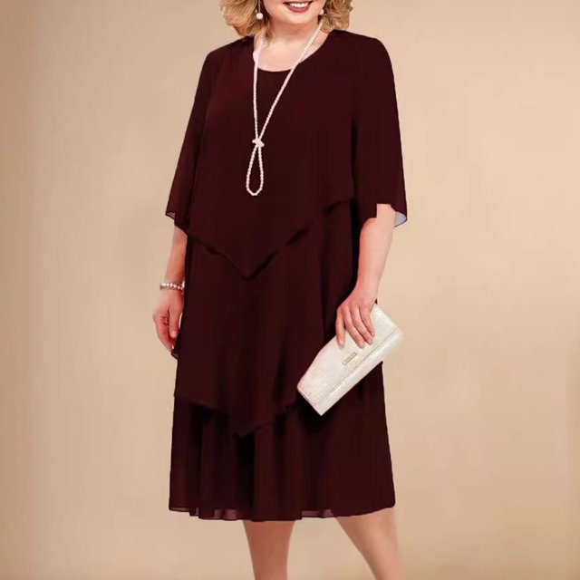 LSLJS Robe d'Été pour Femmes, Mode, Couleur Unie, Patchwork en Mousseline, Manches Mi-Longues, Col Rond, Robe d'Été, Robes de Plage
