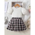 thumbnail image 2 of Honganda 1-6Y Toddler Girl Summer 2Pcs Outfit Solid Ribbed Bubble Short Sleeve Tops with Plaid Print A-Line Skirt Set, 2 of 9