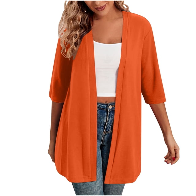 Timegard Cardigans for Women 1/2 Sleeve Open Front Lightweight Solid Color Casual Loose Jacket Tops