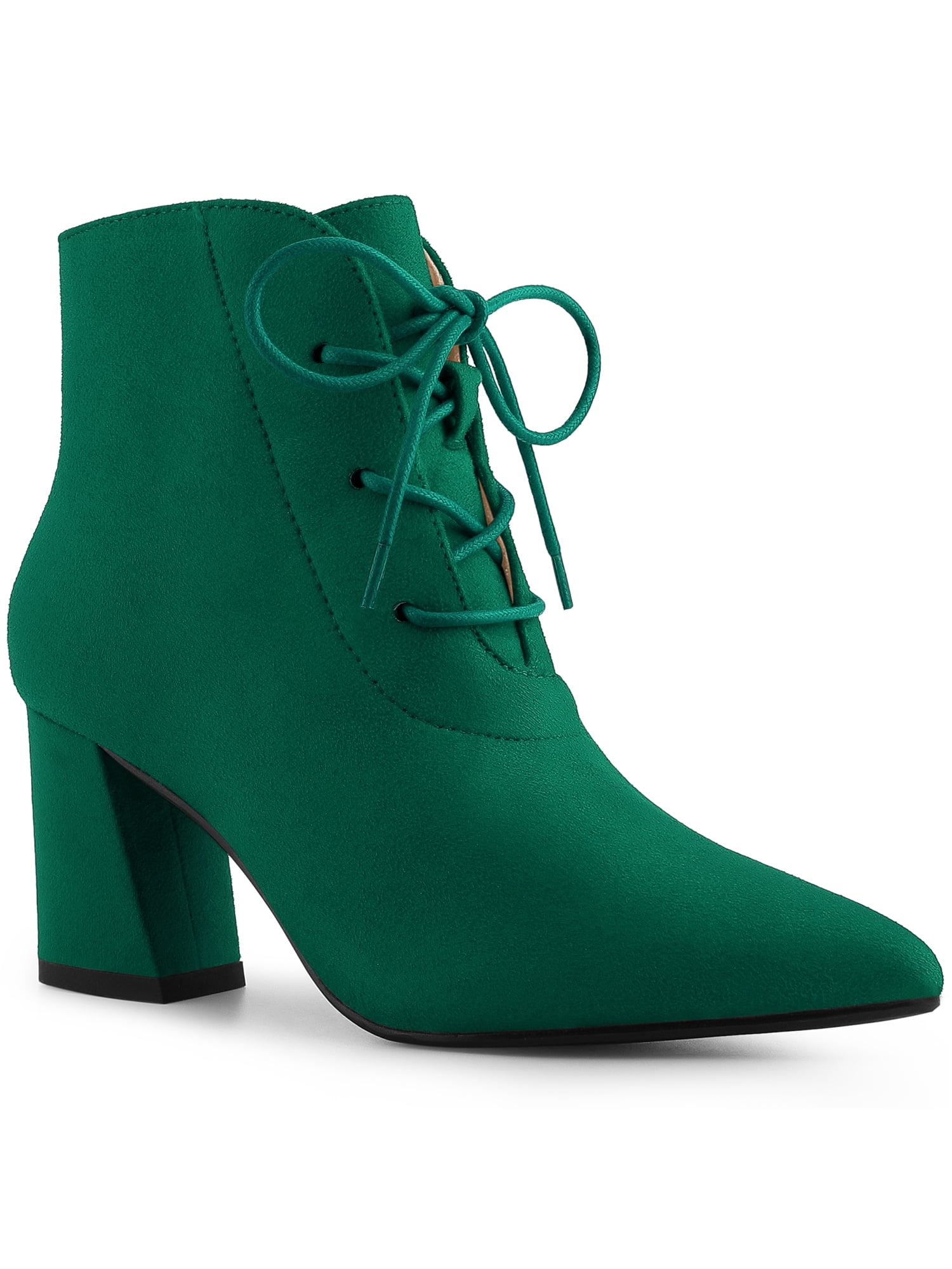 Unique Bargains Bottines à Talon Bloc à Bout Pointu à Lacets pour Femmes Vert Foncé (Taille 8)