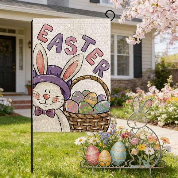 Qocolhg Décorations de Pâques Intérieures Extérieures pour Fête à la Maison, Drapeaux de Jardin de Pâques en Gros Lapin Œuf Imprimé Patio Décoration de Vacances Extérieure Drapeau d'Ambiance