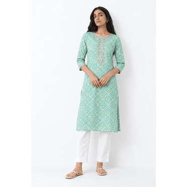 DWEEP SARA Kurta Droit pour Femmes en Mélange de Coton Vert Mer à Imprimé Bandhani – Tunique Indienne Traditionnelle / Manches 3/4 / Tenue Festive et Décontractée, TG-42