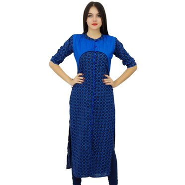 Bimba Womens Mandarin Collar Blue Kurta Straight Ladies Cotton Kurti Casual India Clothing