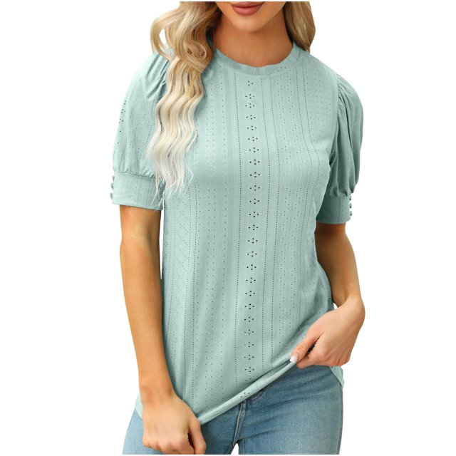 Timegard Hauts pour Femmes, Oeillets, Col Rond, Manches Courtes Bouffantes, Boutonné, Confortable, Couleur Unie, Tunique Décontractée