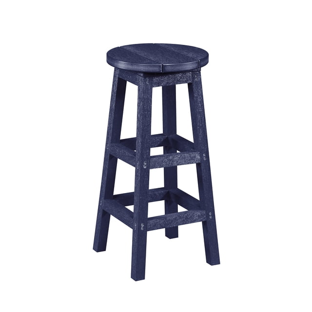 Capterra Casual 100% Canadian Recycled Plastic Barstool in a dark blue finish. This weatherproof and durable barstool is made from 100% recycled plastics, designed for outdoor use. It features a round seat, sturdy legs, and a footrest, making it ideal for 40-inch pub tables. Made in Canada and available in six earth tones.