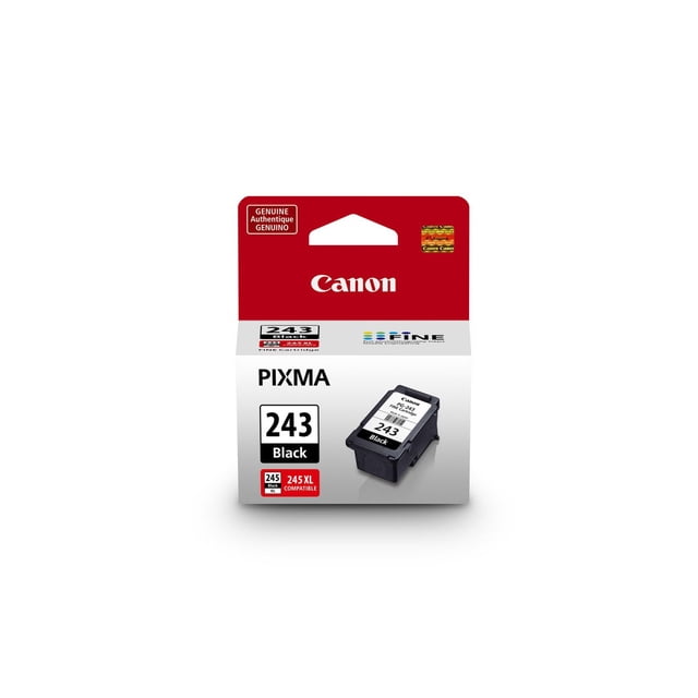 Genuine Canon PG-243 Ink Cartridge, black, shown in red and white packaging with PIXMA branding, compatible with PG-245 and PG-245XL cartridges, featuring FINE technology for crisp, smudge-resistant text in PIXMA printers.