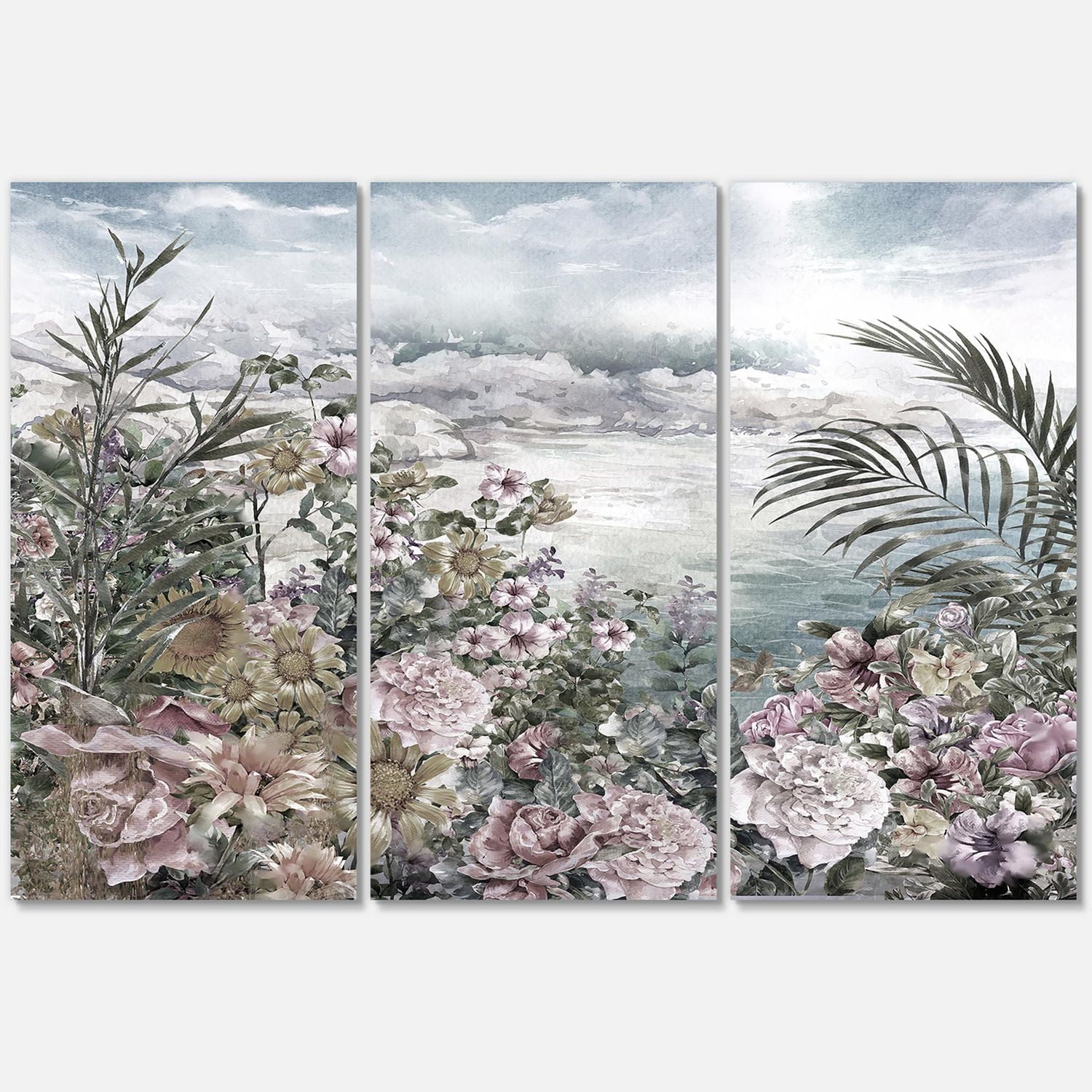Designart Retro Flowers By The Sea Side Canvas Wall Art