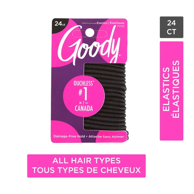 Goody Ouchless Élastique pour Cheveux 24 Ct Noir Lot de 4 mm Comprenant Plusieurs Élastiques Noirs Sans Métal sur une Carte Violette et Rose, Offrant une Tenue Sans Dommages et Convenant à Tous les types de Cheveux, Idéal pour Attaches de Queue de Cheval et Accessoires pour Cheveux au Canada.