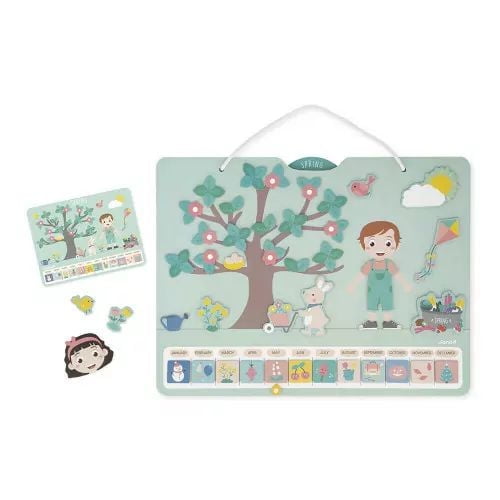 Janod - Calendrier Éducatif en Bois pour Enfants - - Magnétique - 125 Aimants - Apprentissage de l'Heure et des Saisons - Version Anglaise - à Partir de 3 Ans