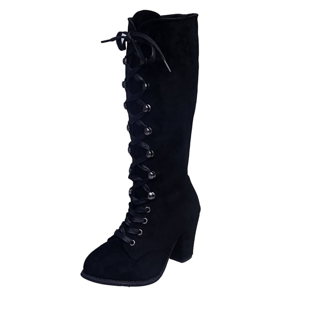 Kcodviy Femmes Décontracté Vintage Rétro Bottes Mi-Mollet pour Femmes à Lacets Talons Épais Moyens Chaussures Femmes Mi Femmes Mi Femmes Mi