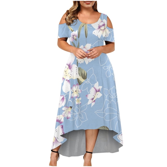 TopLLC Robes d'Été pour Femmes Grande Taille à Manches Courtes Robes Maxi à Fleurs Robe de Soirée à Épaules Dénudées avec Poches Robe Formelle Femme