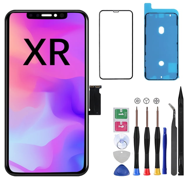 Lakshaygandi Remplacement d'Écran Assemblage Complet avec Trousse d'Outils de Réparation pour iPhone XR 6,1 Pouces. l'Image Affiche un Écran de Remplacement pour iPhone XR Accompagné d'Un Protecteur d'Écran, d'Un Joint Étanche, d'Un Organigramme de Réparation et d'Un Ensemble d'Outils Incluant des Tournevis, des Pinces et des Outils de Levage. Conçu pour les Modèles iPhone XR A1984, A2105, A2106 et A2108, Ce Trousse Offre une solution Complète pour les Réparations d'Écran