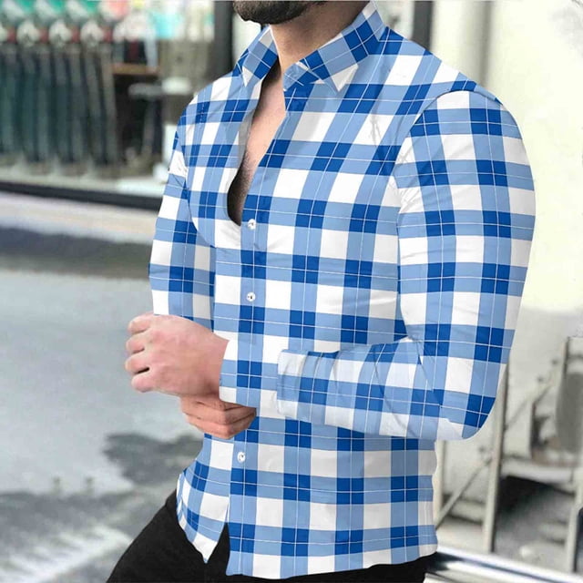 Timdgard Button down Shirts for Men Fall Plaid Lapel V Neck Long Sleeve Shirts Work Casual Tops