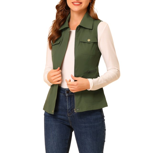 INSPIRE CHIC Veste Zippée pour Femme Sans Manches Anorak Gilet Utilitaire Veste avec Poches m Vert