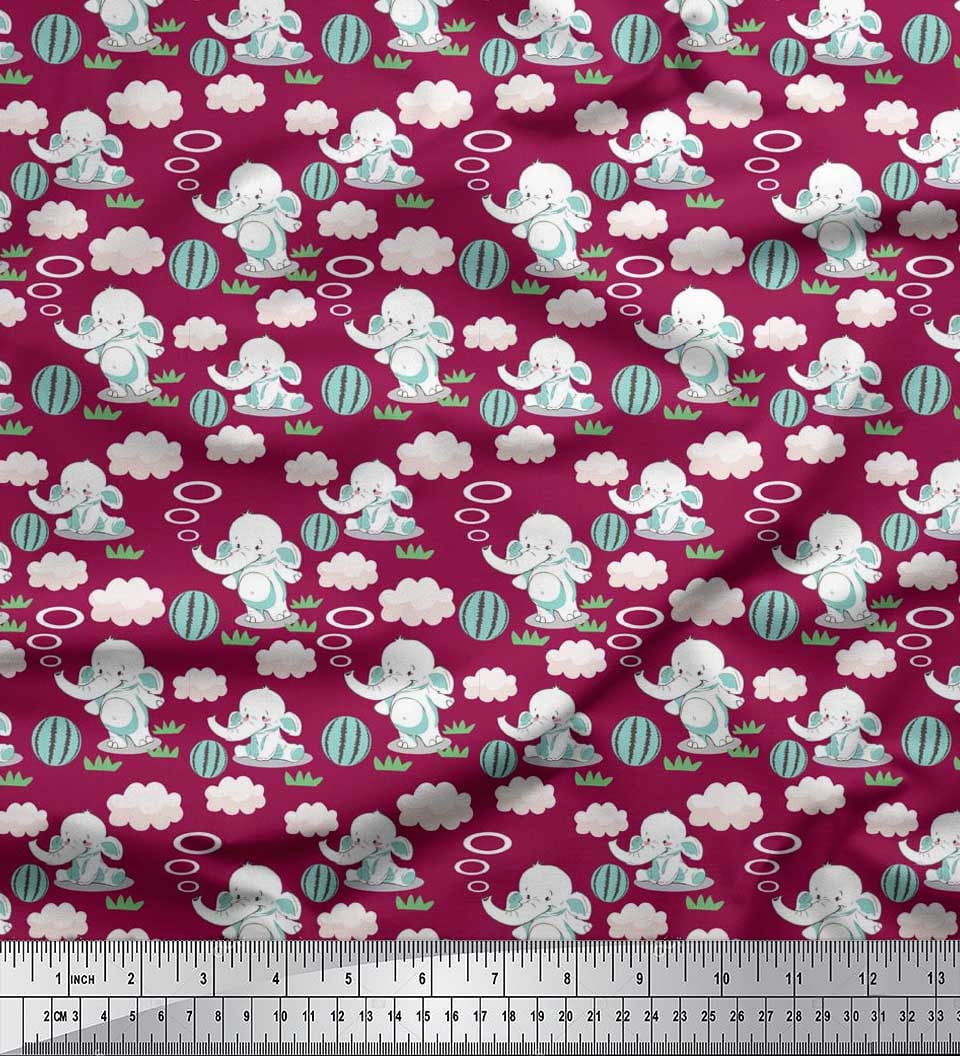 Soimoi Poly Georgette Fabric Cloud,Ball & Elephant Kids Print Fabric by The Yard 52 Inch Wide