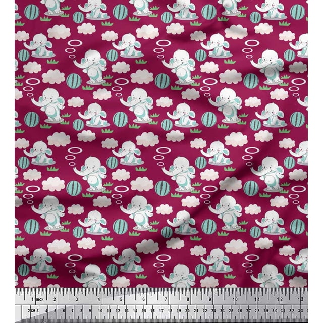 Soimoi Poly Georgette Fabric Cloud,Ball & Elephant Kids Decor Fabric Printed Yard 42 Inch Wide