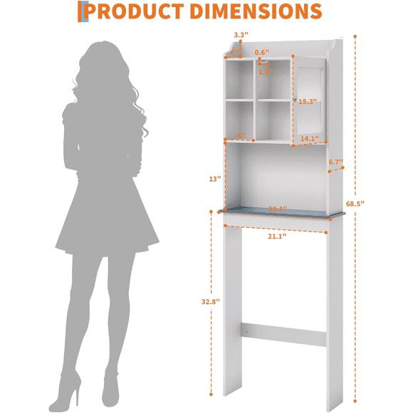 EDTara Bathroom Over Toilet Cabinet, Storage Organizer With Glass Doors, Adjustable Shelf, and Anti-Tip Device for Laundry Room
