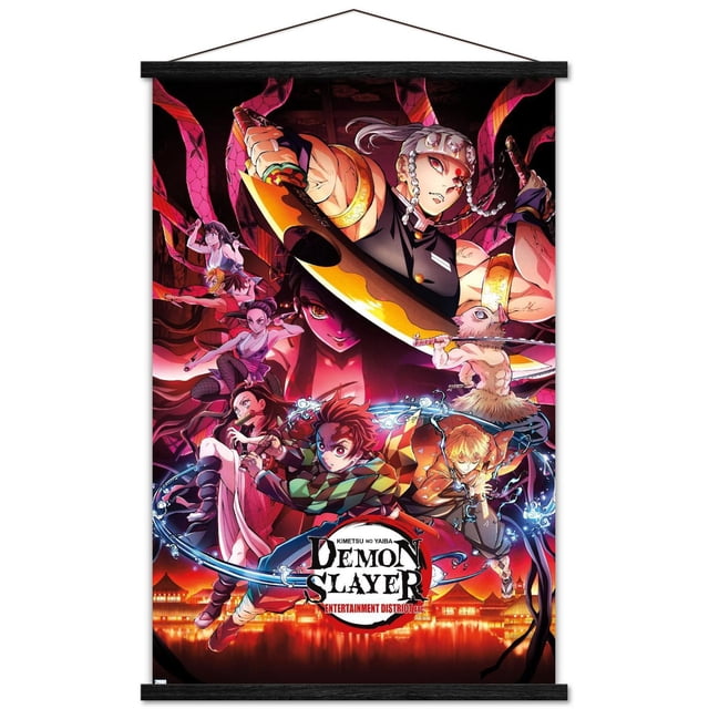 Demon Slayer - Key Visual 1 Wall Poster, 22.375" x 34" depicting anime characters in dynamic action poses with water and lightning effects, set against a glowing red and orange traditional Japanese cityscape at night, printed on glossy poster paper with black hanging bars, suitable for decorating bedrooms, offices, or fan spaces.
