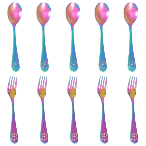 Jetcloudlive Ensemble de 10 Pcs de Couverts pour Enfants, Ustensiles en Acier Inoxydable pour Tout-Petits, Ensemble de Couverts Arc-en-Ciel pour Enfants, Couverts pour Préscolaires Incluant 5 Fourchettes, 5 Cuillères