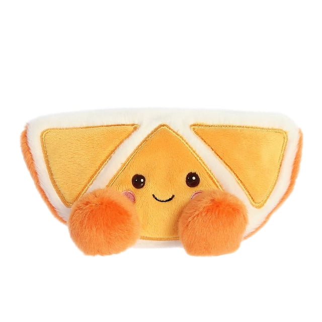Aurora Palm Pals - Tucker Mandarin 5-inch plush toy featuring a soft, fluffy orange slice design with a smiling face, rosy cheeks, and two fuzzy orange pom-pom hands. Made from high-quality materials with bean pellets for stability, this playful stuffed toy is suitable for all ages.