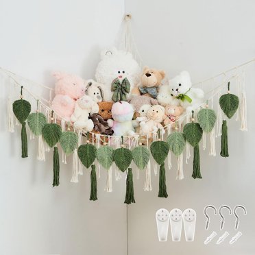 Stuffed Animal Storage with Hand Woven Leaf Tassels Hammock Corner Hanging Net Boho Macrame Plush Storage for Toys Kid Room Wall Nursery Decor for Girls Gift (Sage Green&Avocado Green)