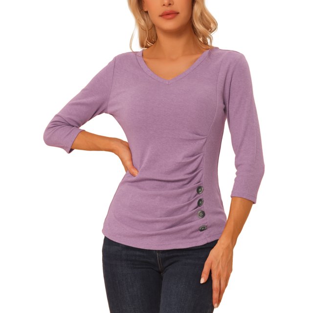 INSPIRE CHIC Women's Button Decor V Neck 3/4 Sleeve Solid Knitted Ruched Blouse Gray Purple S