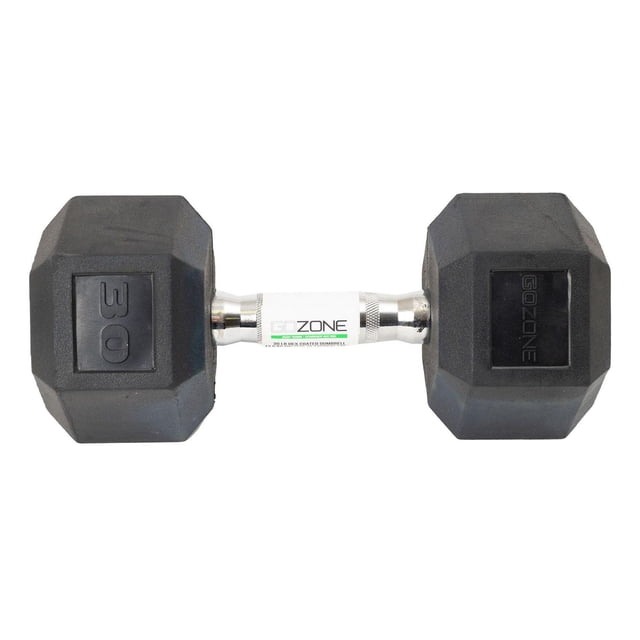 GoZone Rubber-Coated Hex Dumbbell – Black/Chrome, 30-pound weight with hexagonal rubber-coated heads and a chrome-plated contoured handle featuring textured grip for secure hold, suitable for diverse strength training exercises.