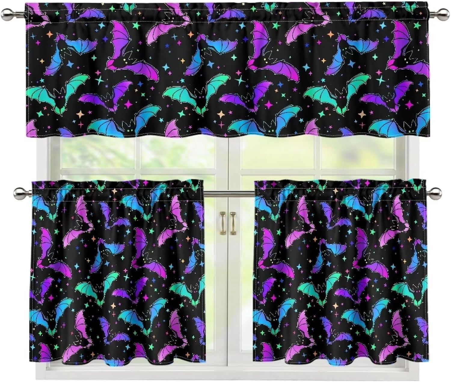 Halloween Bat Kitchen Curtains and Valances 3 Piece Set,Valance Curtains for Kitchen Windows Halloween Kitchen Curtains Tiers and Valances for Cafe Living Room Window Decoration
