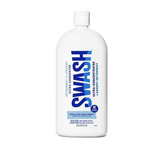 Swash® Smells Like Clean Laundry HE Ultra-Concentrated Liquid Laundry Detergent in a white plastic bottle with blue text, 887 ml for 80 loads, phosphate-free and compatible with HE and non-HE washers, featuring a fresh linen scent ideal for efficient laundry cleaning.