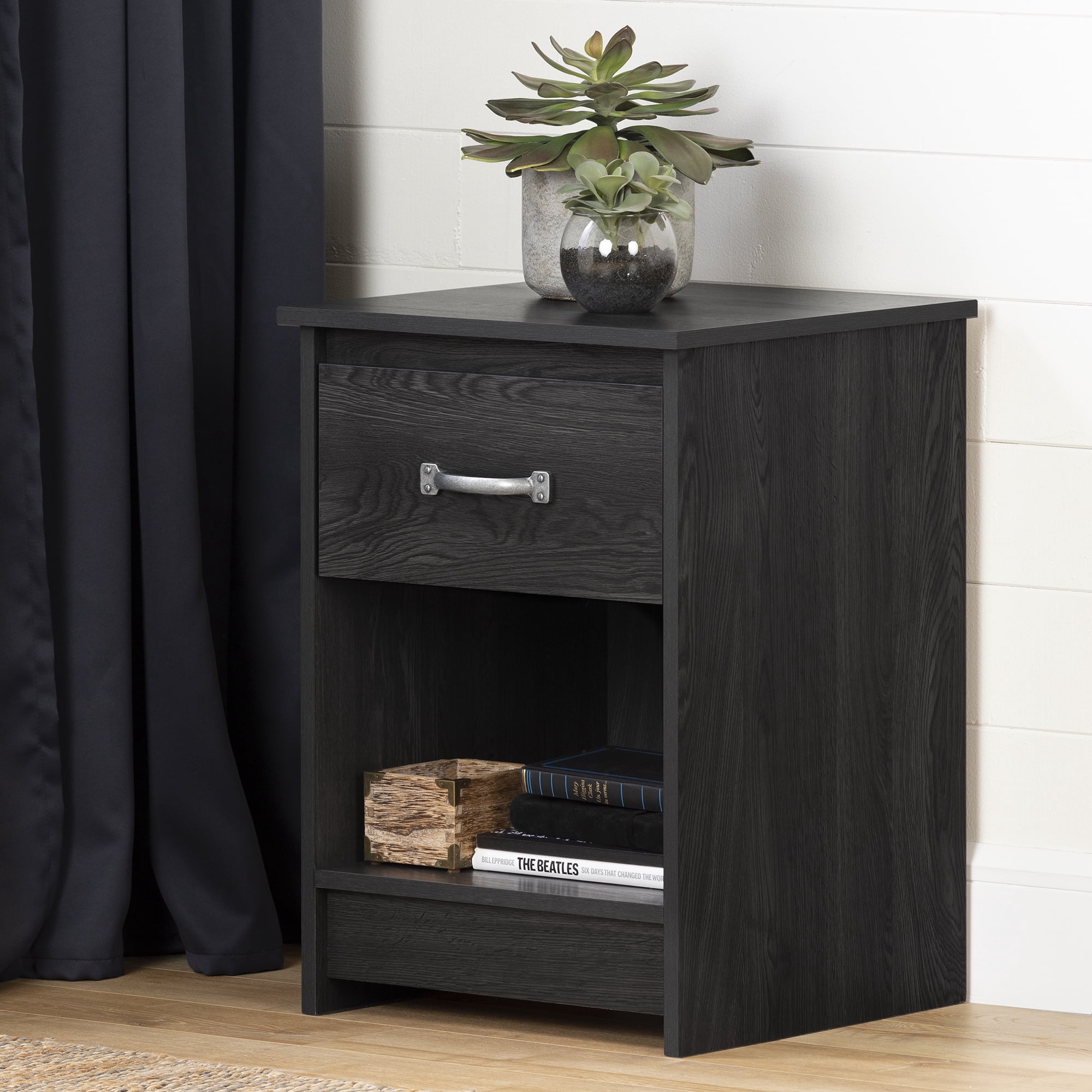 Table de chevet 1 tiroir avec espace de rangement ouvert pour Adulte, fini Chêne gris, collection Tassio de Meubles South Shore