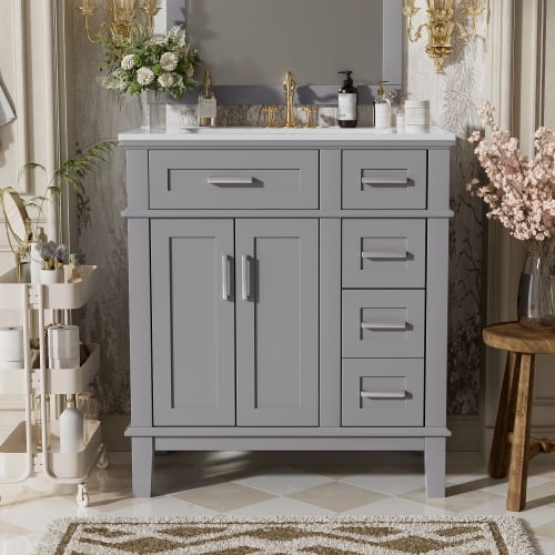 taoruifang 30 inch grey bathroom vanity with rectangular ceramic sink, free standing modern bathroom storage cabinet, soft close doors and dual drawers, compact bath vanity cabinet for small space