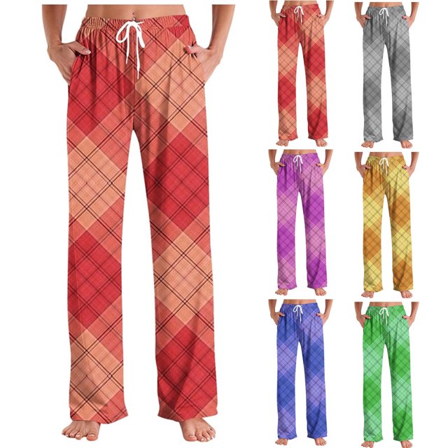 RKSTN Green Pajama Pants Men Plaid Print Plus Size Elastic Drawstring Waist Color Block Relaxed Wide Leg Long Pants with Pockets Unisex