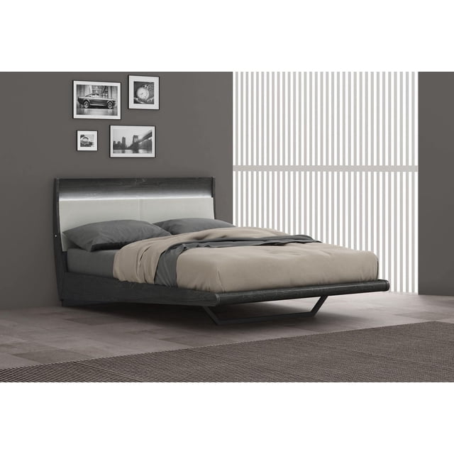 K-Living Asher Grey Lacquer Finish Double-Size Bed with PU Padded Headboard and One-Touch LED Light featuring a grey lacquered solid wood platform frame and foam-filled PU headboard with integrated LED lighting, dressed in beige and grey bedding, set on a tiled floor with a textured rug, against a dark grey wall with black and white framed photos, ideal for modern bedrooms needing stylish design and easy maintenance.
