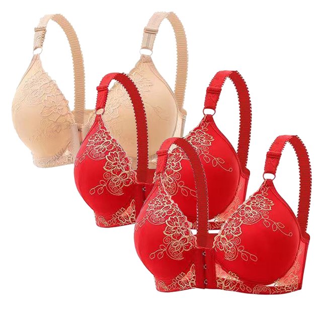 fheaev 3Pc Front Close Bras for Women Plus Size Wirefree Support Posture No Underwire Full Coverage Bra Adjustable Shoulder Strap Comfort Push Up Lace Breathable Front Buckle Open Everyday Bras