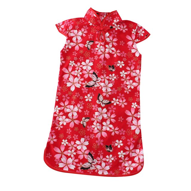 LUOGENLI Robe Été Filles Qipao Cheongsam Enfant Robe Enfants Jupe Ensemble Tang Robe Maxi pour Filles avec Poches Rouge 7-8 Ans