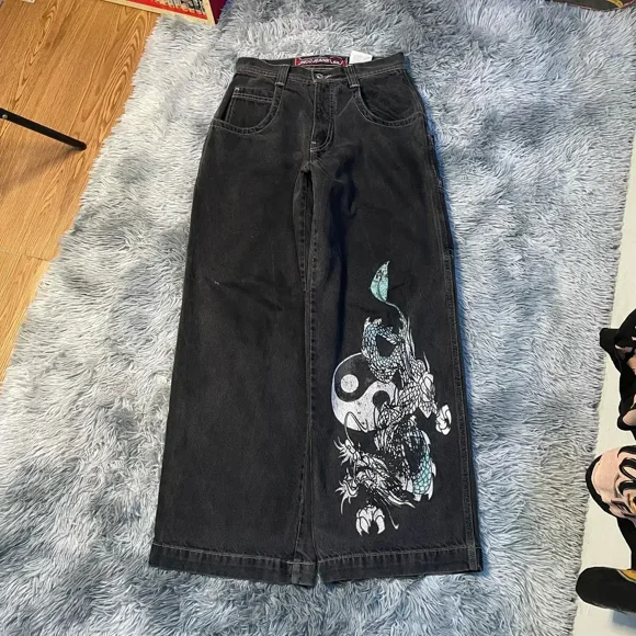 Streetwear JNCO Jeans Y2k Jeans Baggy Vintage à Imprimé Graphique de Dessin Animé Hip-Hop, Pantalon Noir pour Hommes et Femmes, Taille Haute, Jambe Grand