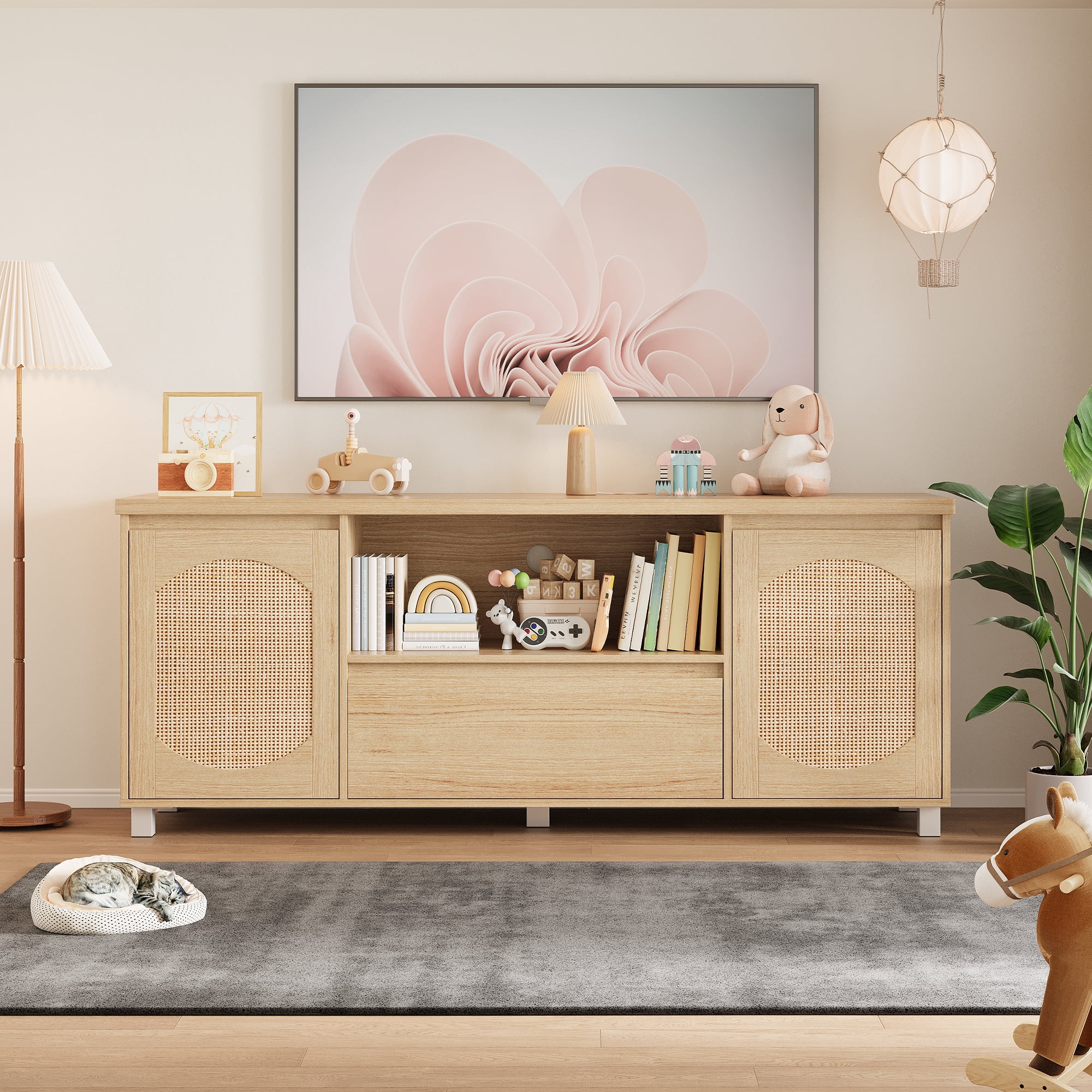 Garvee 63in TV Stand for TVs Up to 70", Rattan Entertainment Center with Storage Drawer and Open Shelves, Modern TV Console Media Cabinet for Living Room, Bedroom, Oak