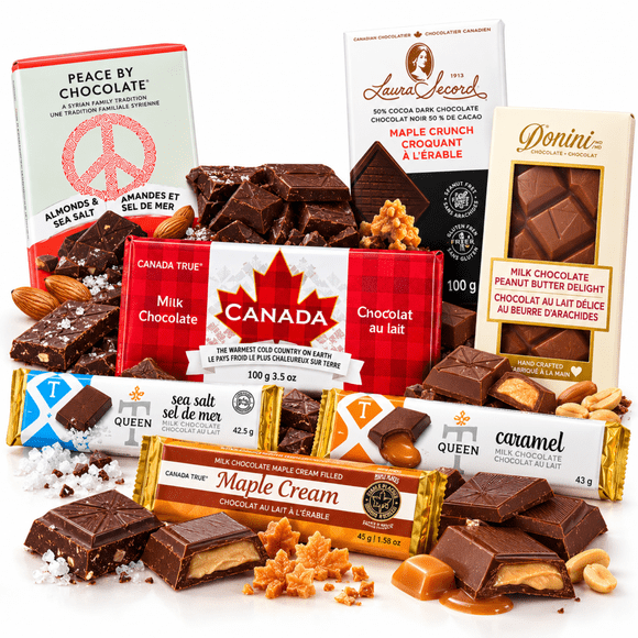 Made in Canada Chocolate Box, Assorted Gourmet Canadian Chocolates, Variety Pack of Dark, Milk, Maple, Filled, and Other Chocolate Bars, 7 Bars Total
