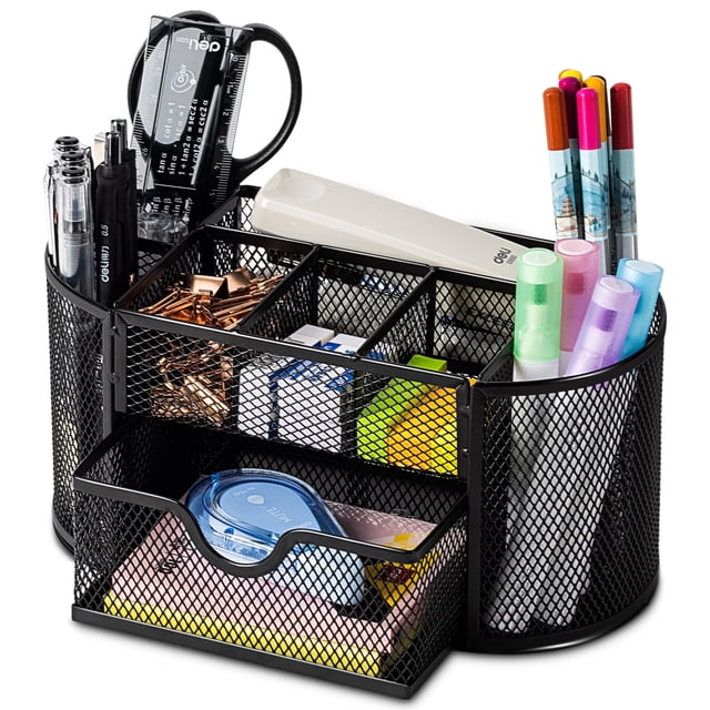 Deli Mesh Desk Organizer with Drawer, featuring 8 compartments and a sliding drawer, in black. The organizer is made of durable metal with a rust-resistant coating and anti-slip feet. It holds various office supplies such as pens, markers, scissors, rulers, and sticky notes. The mesh design promotes airflow and prevents dust buildup, making it suitable for offices, schools, and homes.
