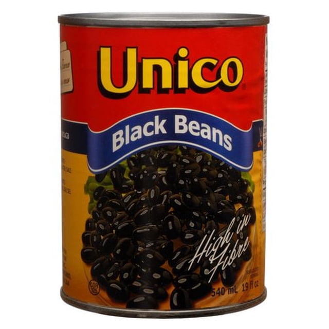 Unico Haricots Noirs en Conserve dans une Conserve Métallique Rouge et Jaune avec Étiquette Bleue, Présentant une image de Haricots Noirs et un Texte « Riche en Fibres », Riche en Protéines et en Fibres, Convient aux Soupes, Ragoûts et Salades.