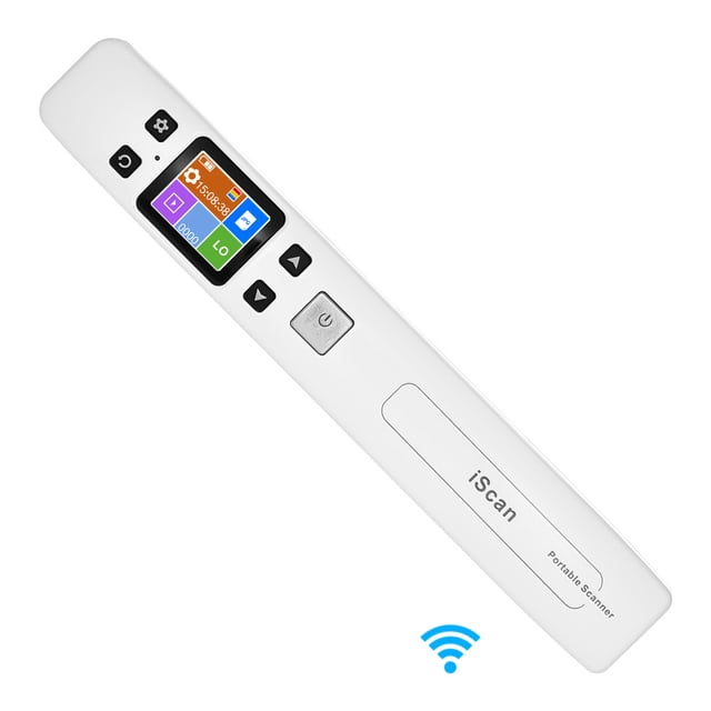 Wifi 1050DPI High Speed Portable Wand Document & Images Scanner in white with an HD LCD display, ideal for scanning A4 size documents, books, artwork, and receipts. Features include WiFi connectivity, rechargeable lithium battery, and support for JPG/PDF formats. Compact and lightweight design suitable for business and creative use.