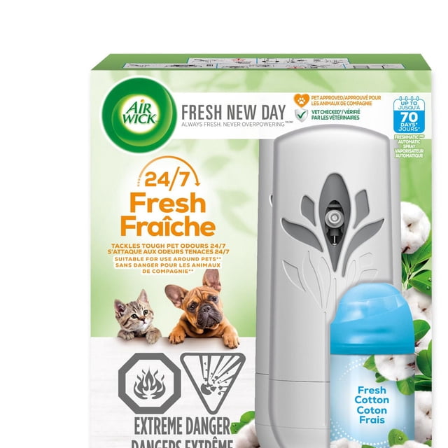 AirWick Freshmatic Air Freshener automatic spray kit with Fresh Cotton scent, featuring a white dispenser with leaf design and blue refill canister, neutralizes pet odors 24/7, pet approved and vet checked, suitable for use in living rooms, bathrooms, and kitchens, shown in retail packaging with pet images and safety warnings.