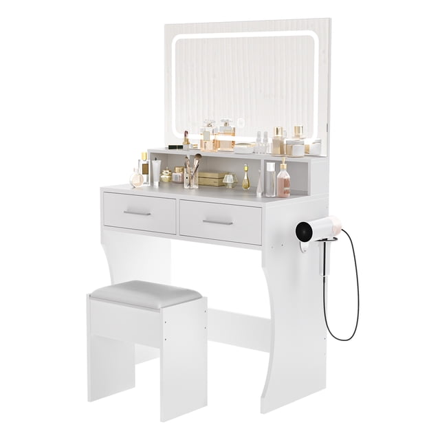 BeesClover Vanity Desk with Mirror and Lights, 3 Color Modes Makeup Vanity with Cushioned Stool, 2 Drawers & Charging Station, Modern Dressing Table for Bedroom, Makeup Studio