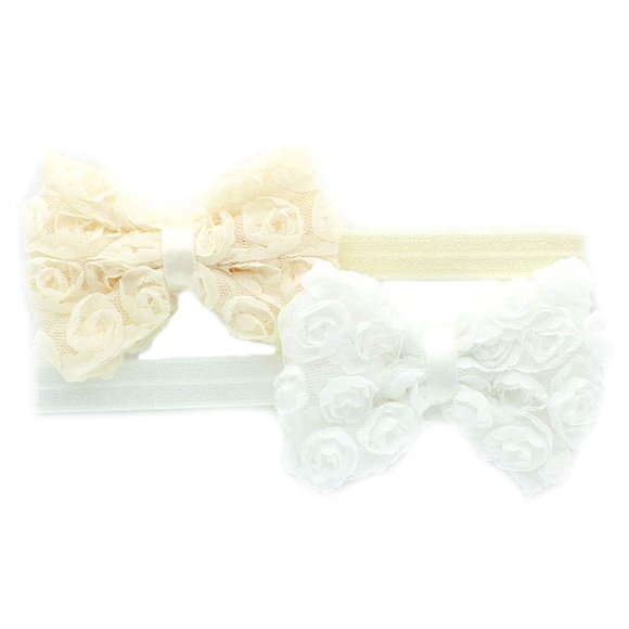 My Lello Bandeaux en Tissu avec Nœud Rose pour Filles 2 Pack (Ivoire/blanc)