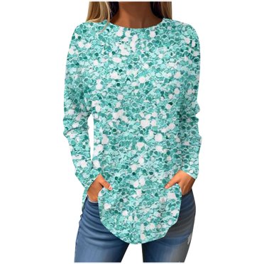 FAIWAD Tunic Tops for Women Long Sleeve Sequin Print Round Neck Tops Loose Trendy Pullover Tops