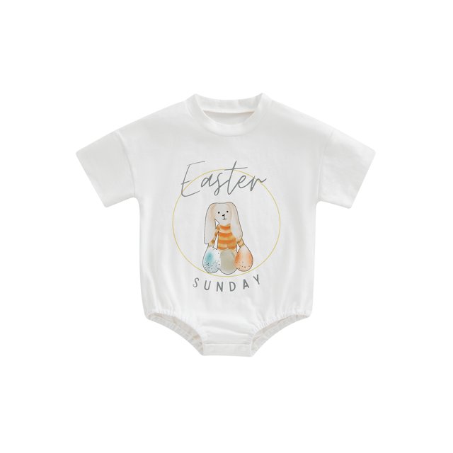 Faithtur Combinaison de Pâques pour Bébé, Imprimé Lettre Rabbit Dessin Animé Manches Courtes Col Rond pour Garçons Filles, 0-18 Mois