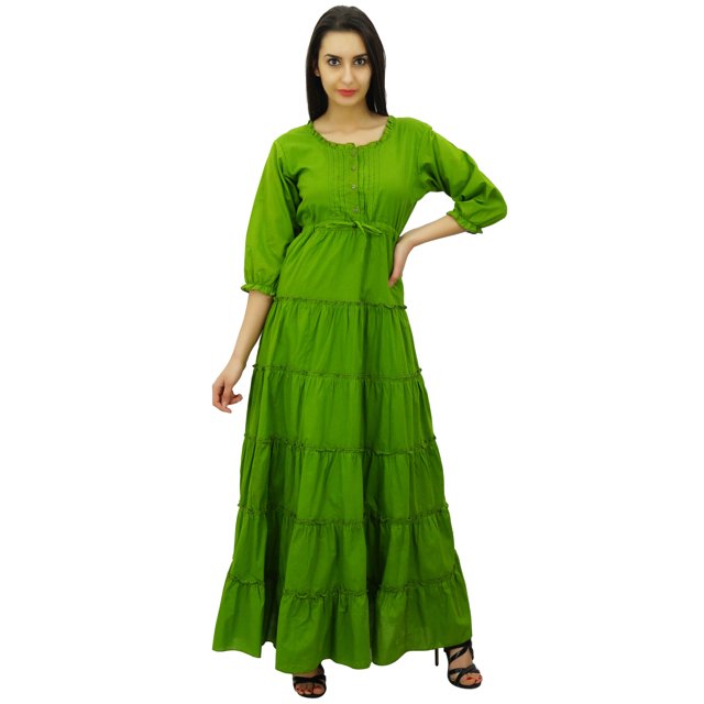 Bimba Robe Maxi d'Été en Coton à Manches 3/4 pour Femme, Taille à Cordon