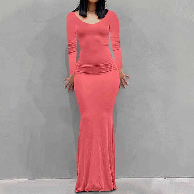 EQWLJWE Robes Moulantes pour Femmes Élégantes Col Rond Ajusté Manches Longues Aguichant sous-Couche Robe Nuisette