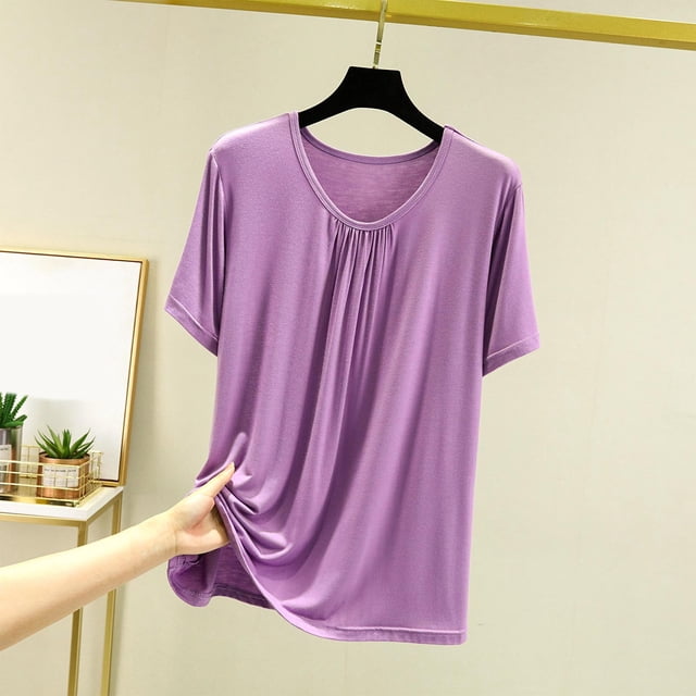 Weiqiqre T-Shirt à Col Rond pour Femme à Manches Courtes Ajusté T-Shirt Mince Uni Haut de Pyjama Pyjama à Manches Courtes