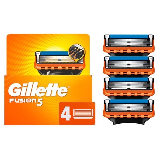 Gillette Fusion5 Razor Recharges pour Hommes Cartouches Razor avec Cinq Lames Tranchantes, Bande Lubrifiante Bleue et Tondeuse de Précision dans un Boîtier orange, Présentées comme un Ensemble de Quatre avec la Boîte d'Emballage orange Gillette Fusion5, Conçues pour des Rasages Près du Corps et Confortables.